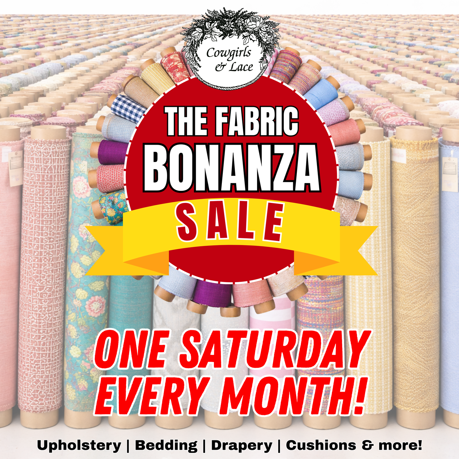 Fabric Bonanza Sale at Cowgirls & Lace featuring designer upholstery and drapery fabrics in Dripping Springs, Texas
