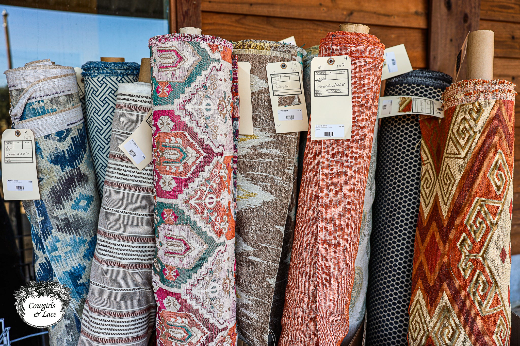 Designer upholstery and drapery fabrics available in-store at Cowgirls & Lace in Dripping Springs, Texas