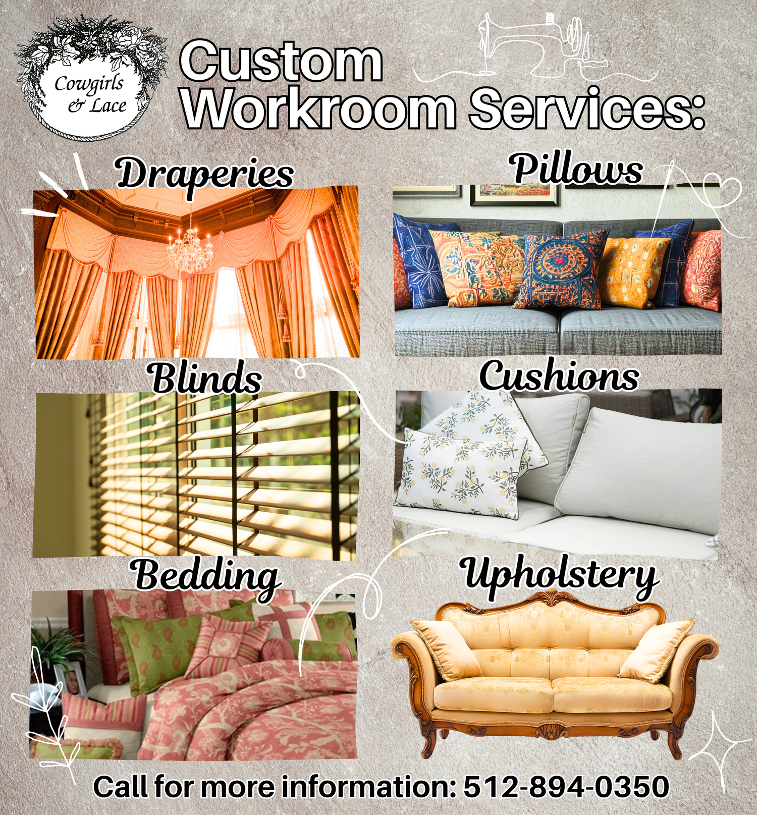 Custom upholstery and drapery work by Cowgirls & Lace workroom in Dripping Springs, Texas